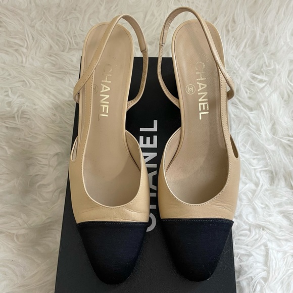 CHANEL Shoes - Chanel Slingback Pumps Goatskin Grosgrain Cap Toe CC Heels Beige and Black 37